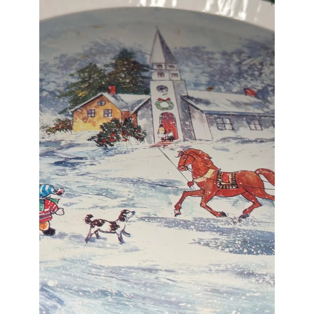 Vintage Christmas Metal Serving Tray Winter Village Scene Horse Sleigh Rite Aid